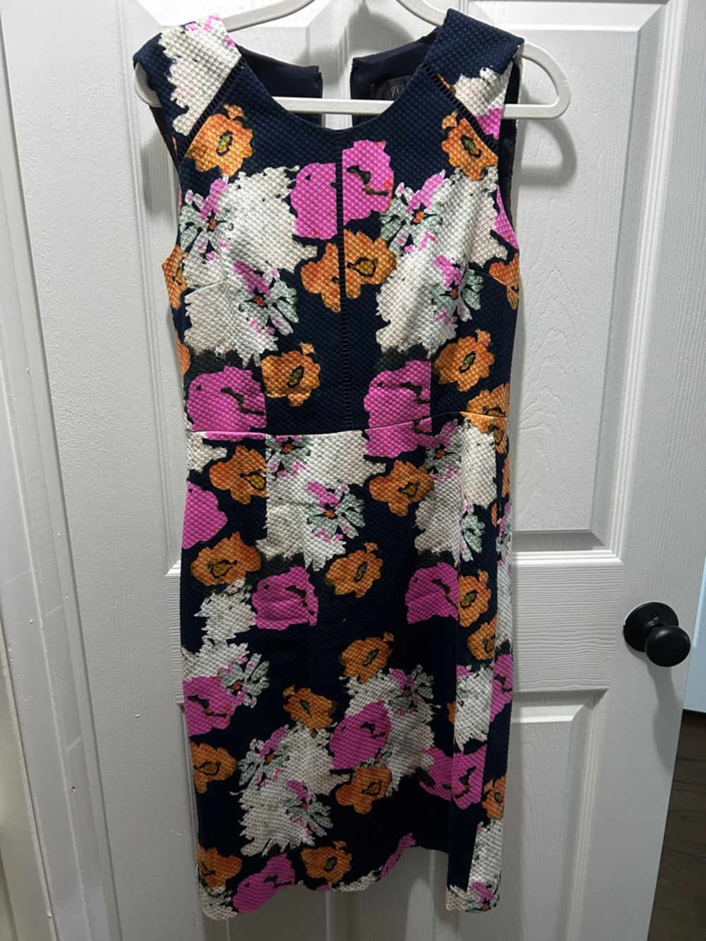 I Crew - Sleeveless Navy Floral Sheath Dress with Pink and Orange Blooms